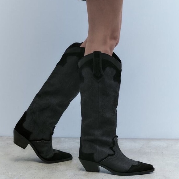 Zara Embroidered Heeled Tall Cowboy Boots - Picture 7 of 10